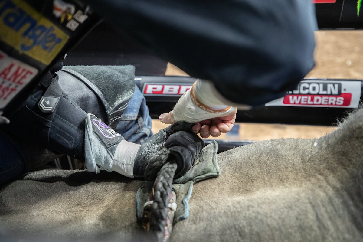 Stetson Lawrence gets ready  during the fourth round of the PBR 25th Anniversary Unleash the Beast World Finals.